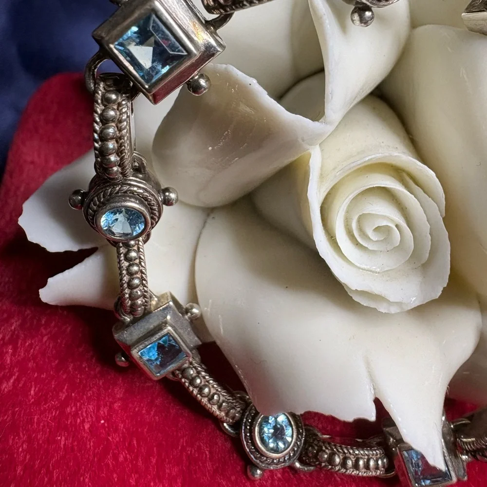 Bracelet Vintage 925 Sterling Silver Art Deco Brutalist Aquamarine Gemstone